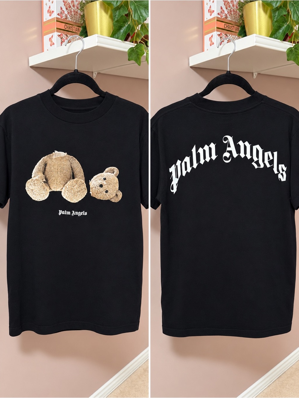 Palm Angels Black Tee with Brown Bear Graphic and White Logo Back